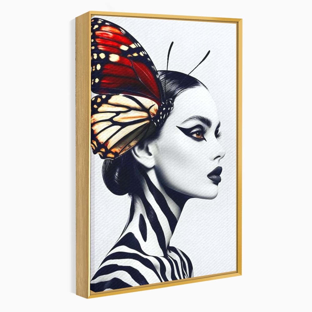 Tablou canvas cu tablou canvas cu femeie si aripa de fluture, in rama de aluminiu auriu